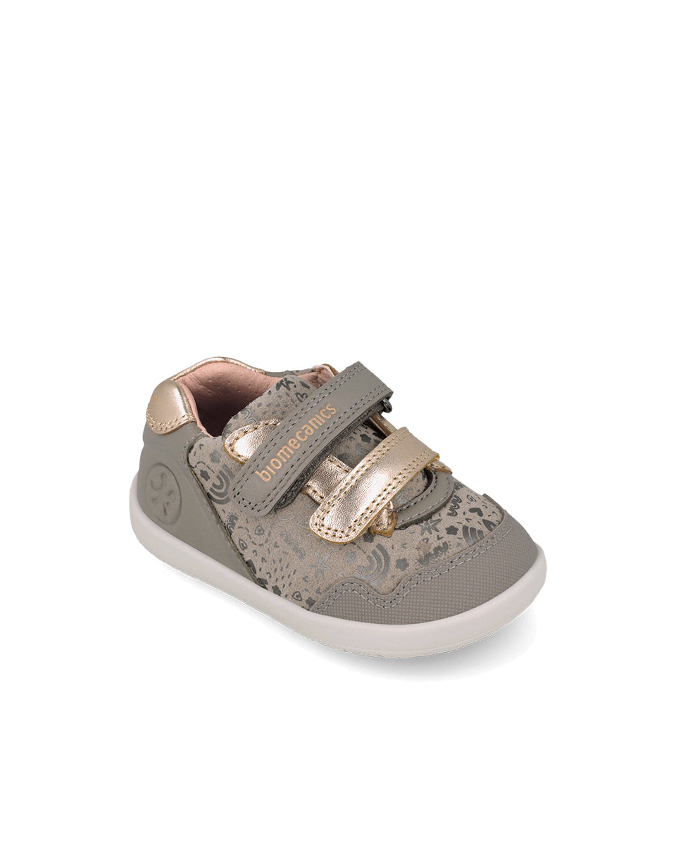 Biomecanics pantofi fete Barefoot 19-26 Sauvage Grigio cu inimioare și flori