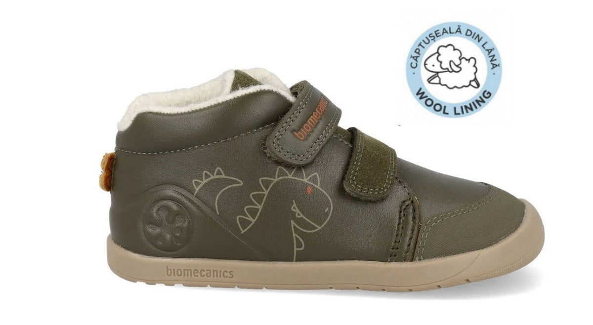 Biomecanics pantofi baieti captusiti Barefoot 24-26 Sauvage Militare cu dino