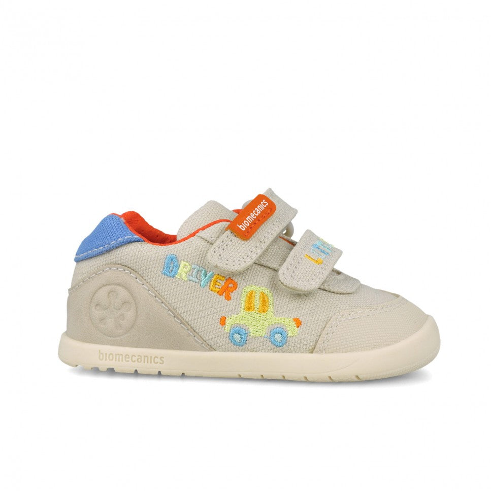 Biomecanics pantofi baieti First Steps Barefoot din panza canvas 19-26 Pique Beige cu masina