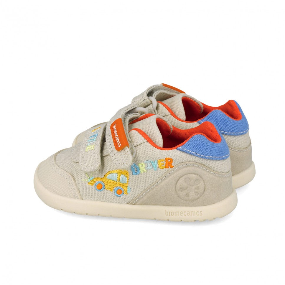 Biomecanics pantofi baieti First Steps Barefoot din panza canvas 19-26 Pique Beige cu masina