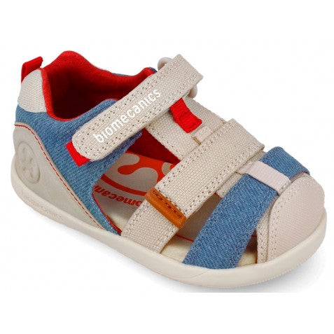 Biomecanics sandale baieti Barefoot din panza canvas 19-26 Pique Beige Y Azul