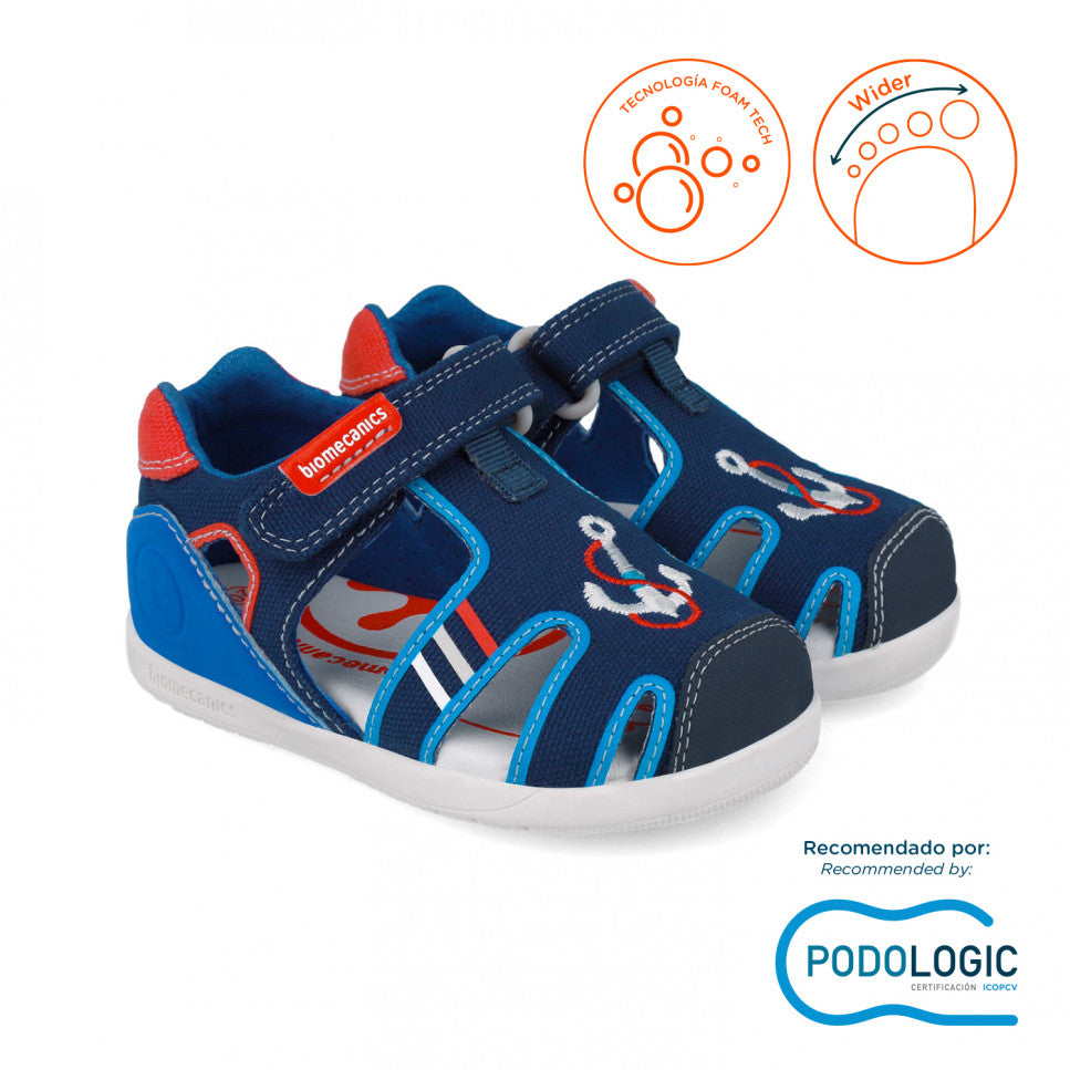 Biomecanics sandale baieti din panza Primii Pasi 19-23 Azul Marino cu ancora Imagine principală a produsului