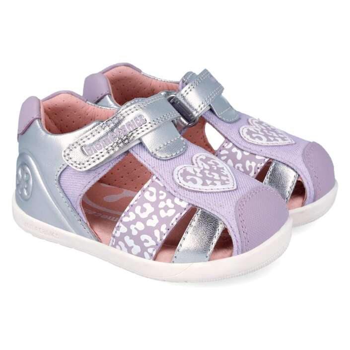 Biomecanics sandale fete Barefoot Primii Pasi 19-26 Metalcris Platino y Lila cu inimioara Imagine principală a produsului