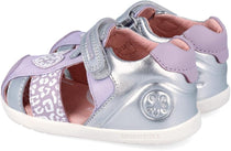 Biomecanics sandale fete Barefoot Primii Pasi 19-26 Metalcris Platino y Lila cu inimioara