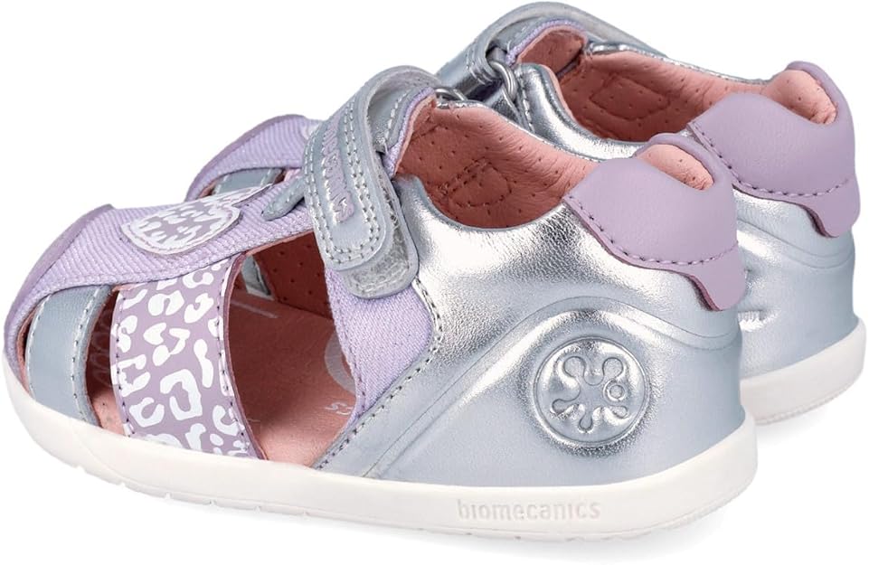 Biomecanics sandale fete Barefoot Primii Pasi 19-26 Metalcris Platino y Lila cu inimioara