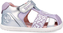 Biomecanics sandale fete Barefoot Primii Pasi 19-26 Metalcris Platino y Lila cu inimioara