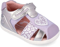 Biomecanics sandale fete Barefoot Primii Pasi 19-26 Metalcris Platino y Lila cu inimioara