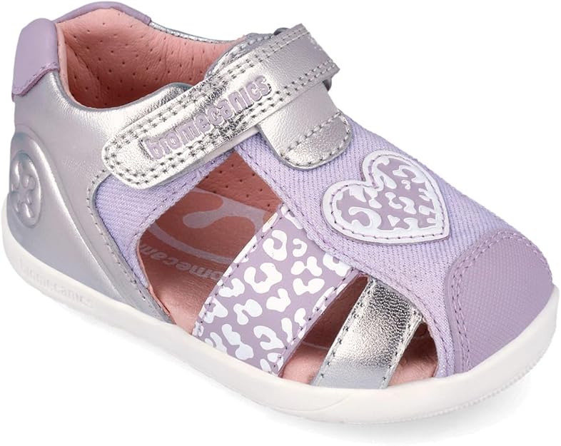 Biomecanics sandale fete Barefoot Primii Pasi 19-26 Metalcris Platino y Lila cu inimioara