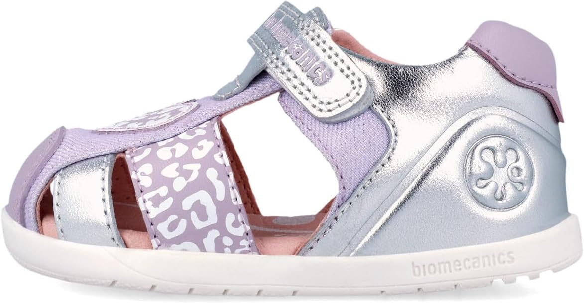 Biomecanics sandale fete Barefoot Primii Pasi 19-26 Metalcris Platino y Lila cu inimioara