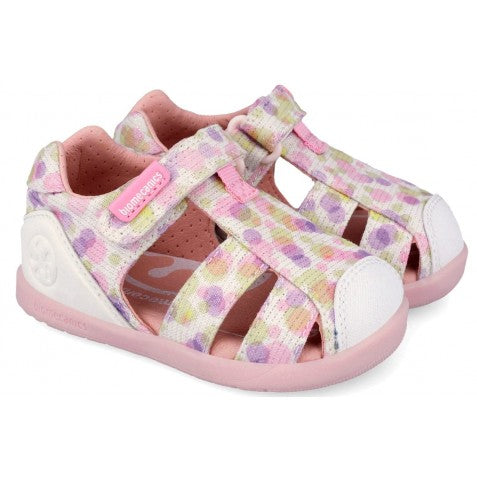 Biomecanics sandale fete din panza BAREFOOT 19-26 Lurex Blanco cu buline