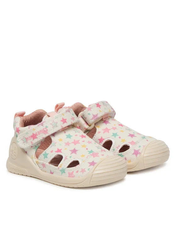 Biomecanics sandale fete Barefoot din panza canvas 18-24 Lurex Blanco cu stelute