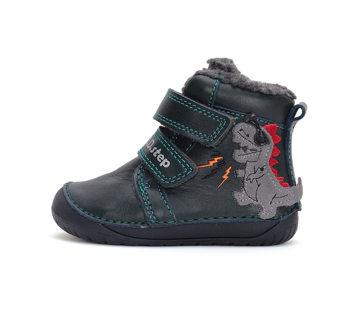 D.D.Step ghete baieti Barefoot imblanite 20-25 Emerald cu dino