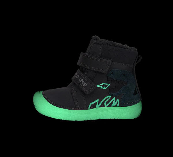 D.D.Step ghete baieti Barefoot imblanite cu talpa fluorescenta 20-25 Dark Grey cu dino