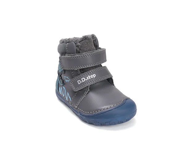 D.D.Step ghete baieti Barefoot imblanite cu talpa fluorescenta 20-25 Dark Grey cu dino