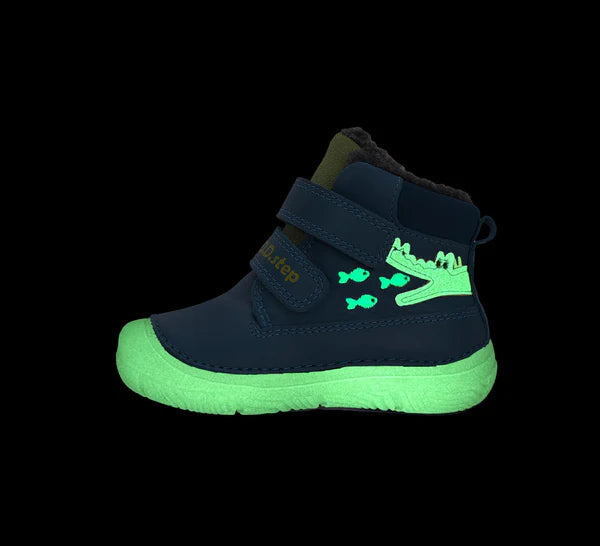 D.D.Step ghete baieti imblanite cu talpa fluorescenta 26-31 Bermuda Blue  cu crocodil si pesti