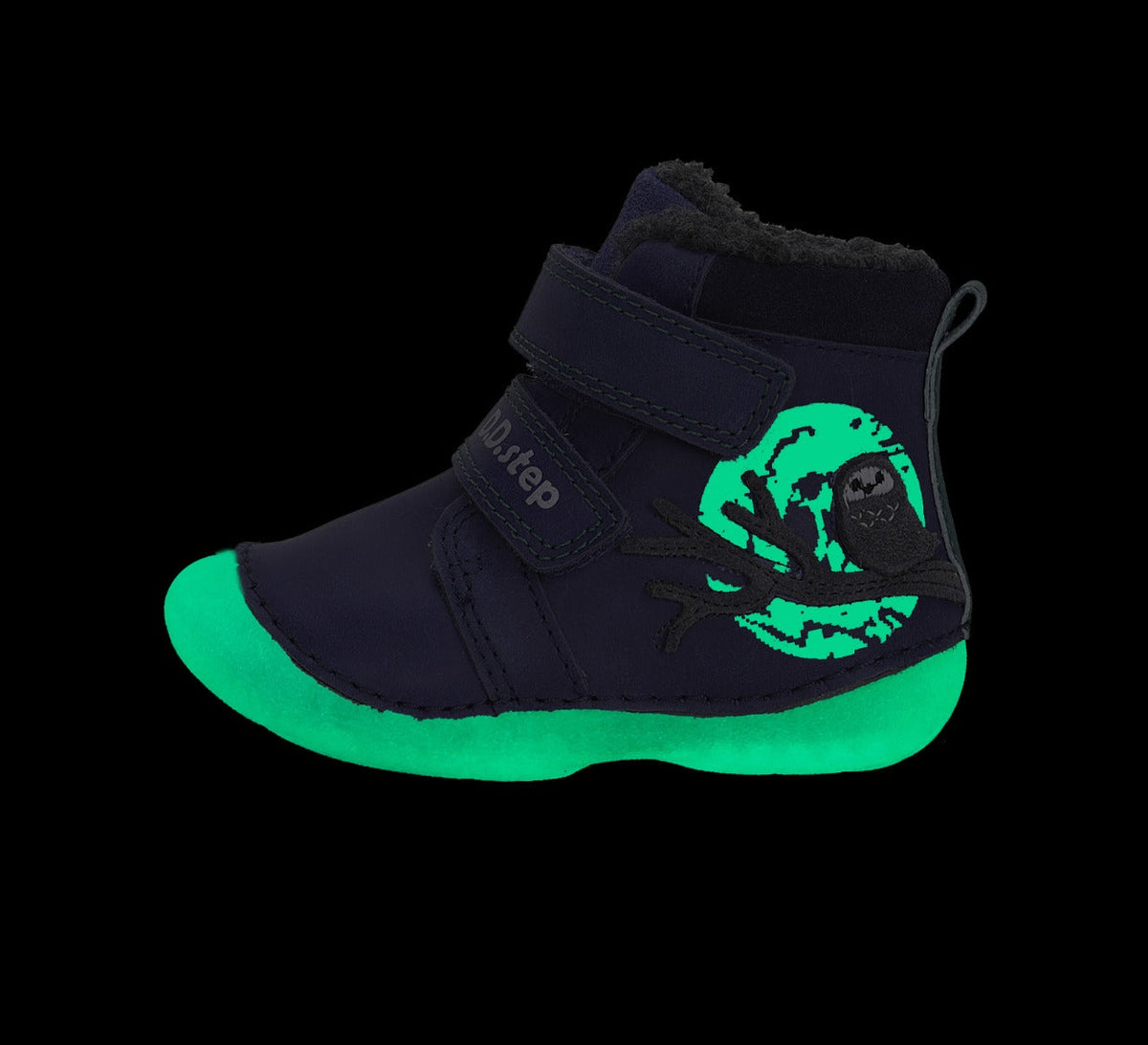D.D.Step ghete baieti Primii pasi imblanite fluorescenti 19-24 Bermuda Blue cu bufnita