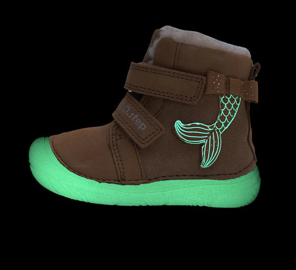 D.D.Step ghete fete Barefoot imblanite cu talpa fluorescenta 20-25 Chocolate