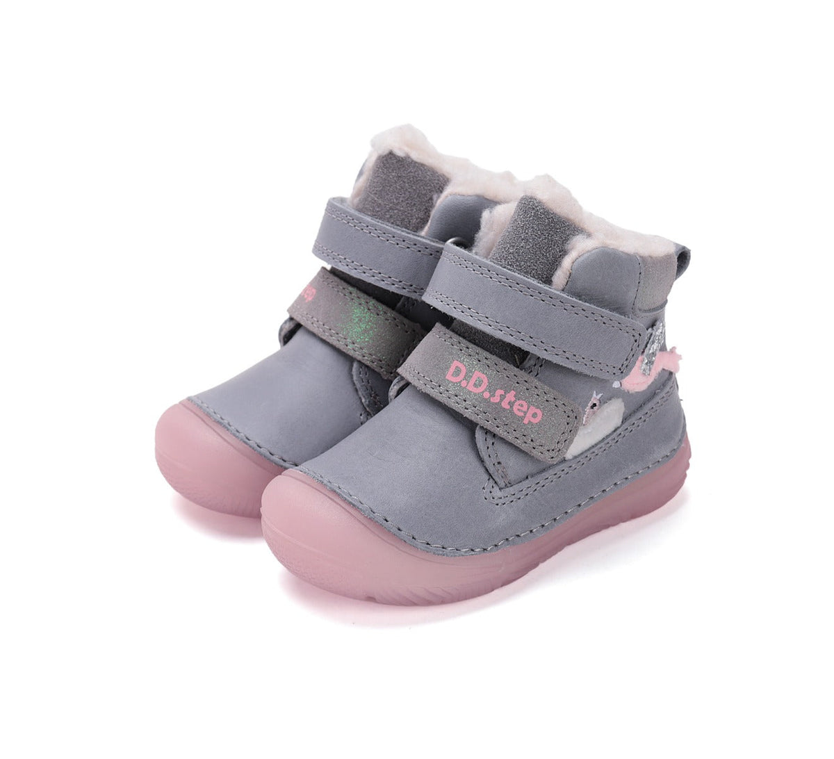 D.D.Step ghete fete imblanite cu talpa fluorescenta 26-31 Grey cu pasarele Imagine principală a produsului