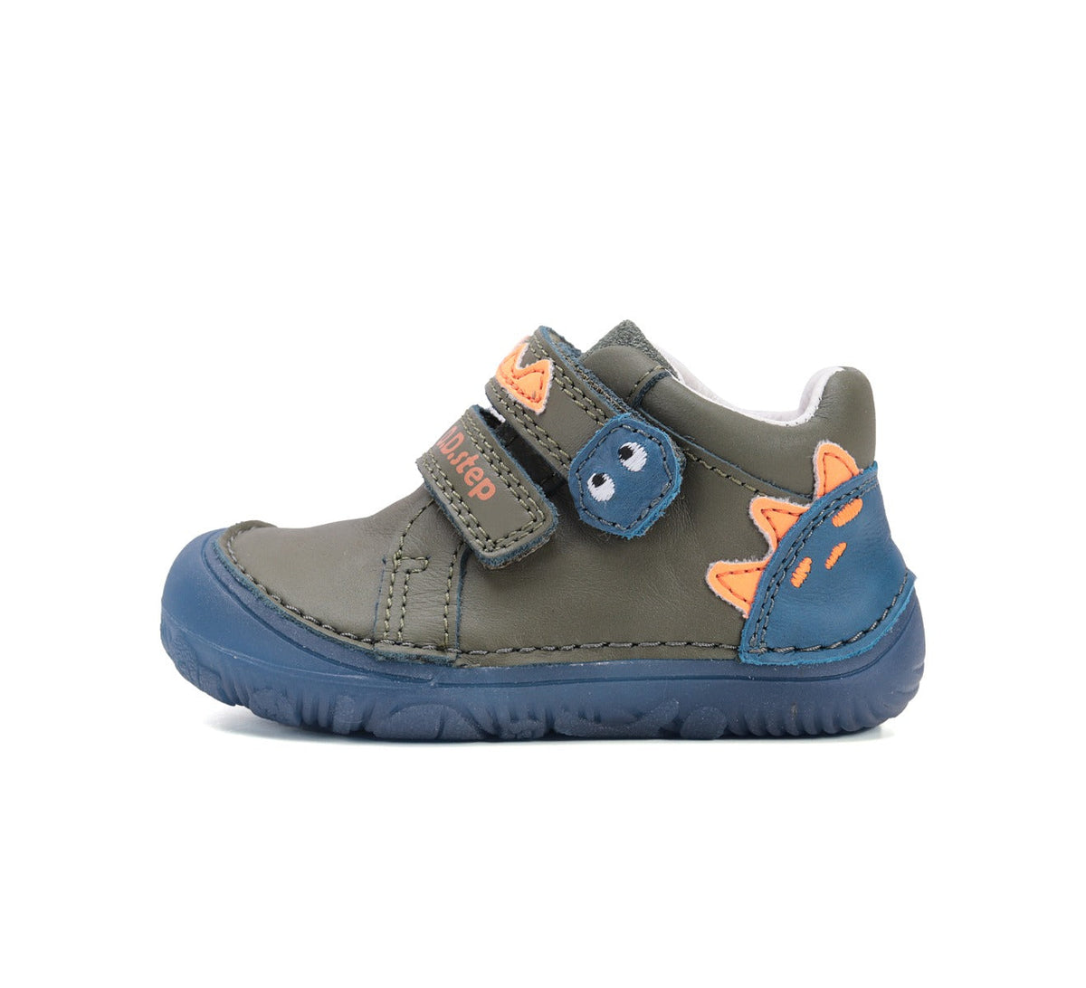 D.D.Step pantofi baieti Barefoot cu talpa fluorescenta 20-25 Khaki cu dino