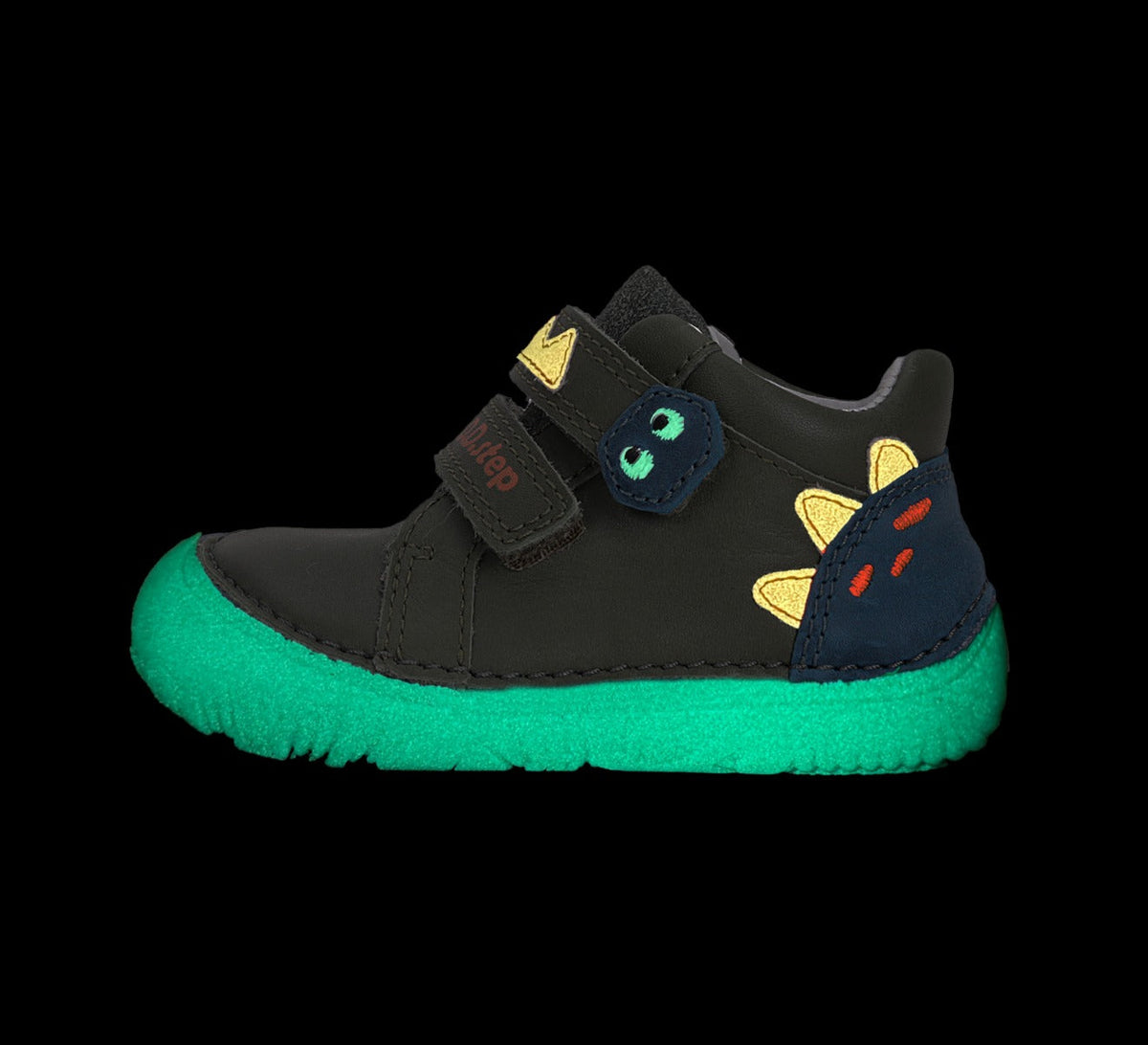 D.D.Step pantofi baieti Barefoot cu talpa fluorescenta 20-25 Khaki cu dino