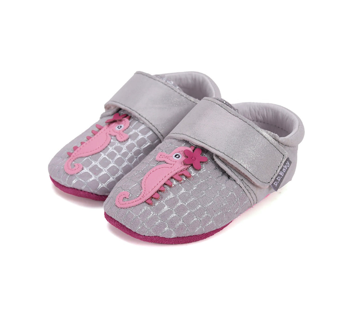 D.D.Step pantofi fete cu talpa moale 18-23 Silver cu calut de mare roz