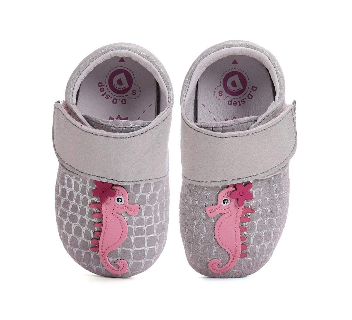 D.D.Step pantofi fete cu talpa moale 18-23 Silver cu calut de mare roz