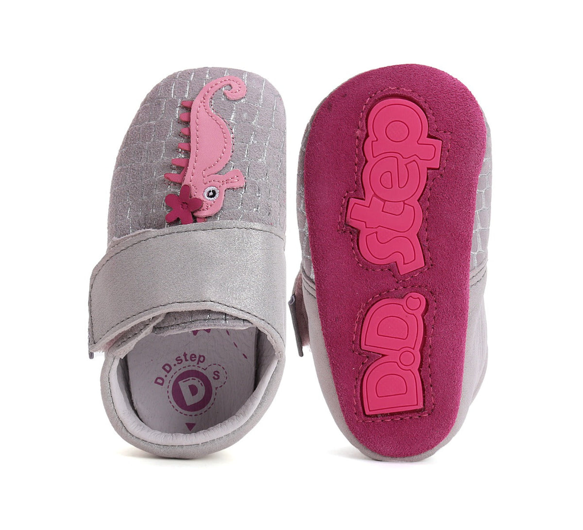 D.D.Step pantofi fete cu talpa moale 18-23 Silver cu calut de mare roz