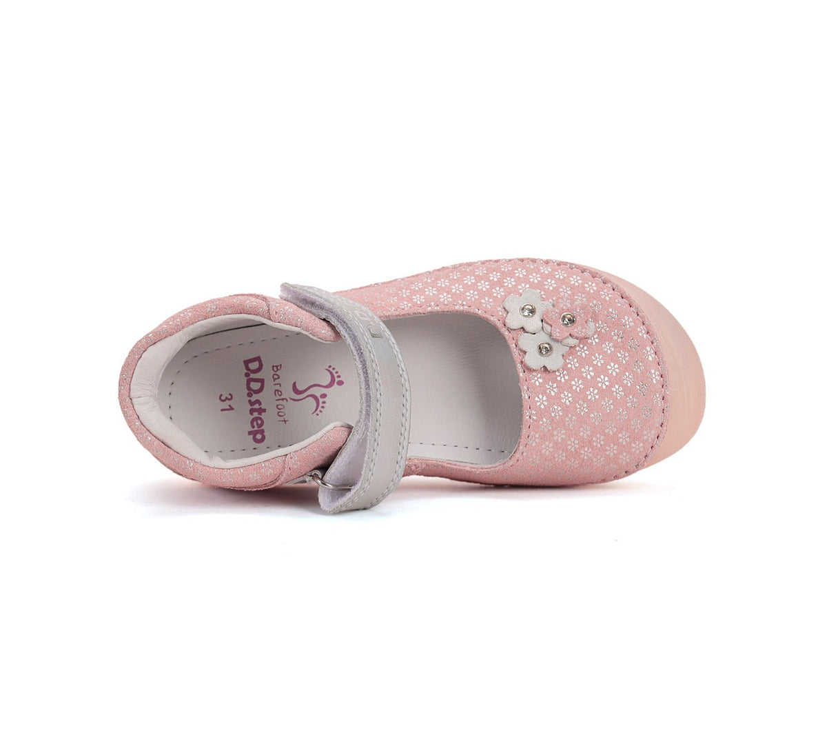 D.D.Step pantofi fete decupati Barefoot 26-31 Metallic pInk cu floricele