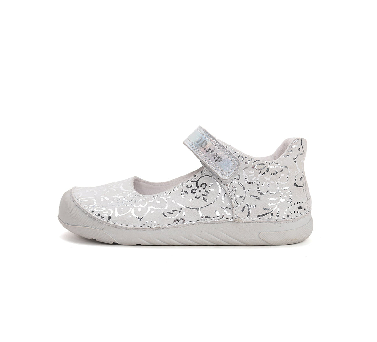 D.D.Step pantofi fete decupati Barefoot 22-33 Dove Grey cu flori printate