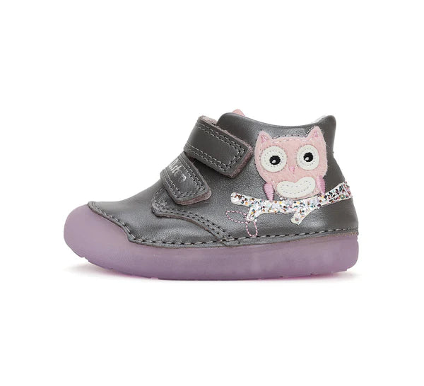 D.D.Step pantofi fete fluorescenti Primii Pasi 20-25 Dark Grey cu bufnita