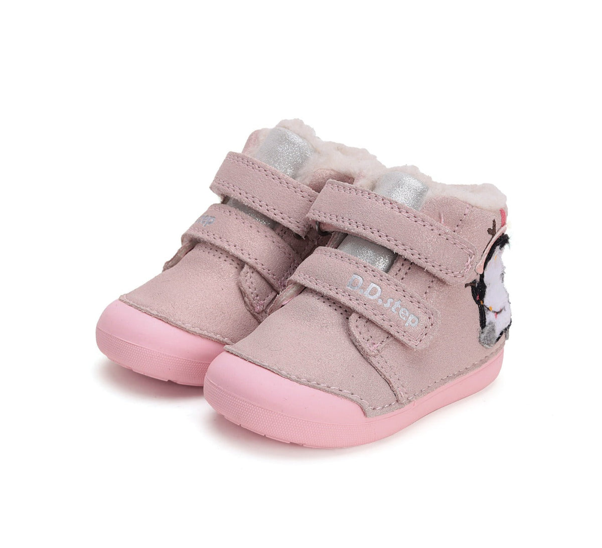 D.D.Step pantofi fete imblanite Primii Pasi 20-25 Pink cu pinguin