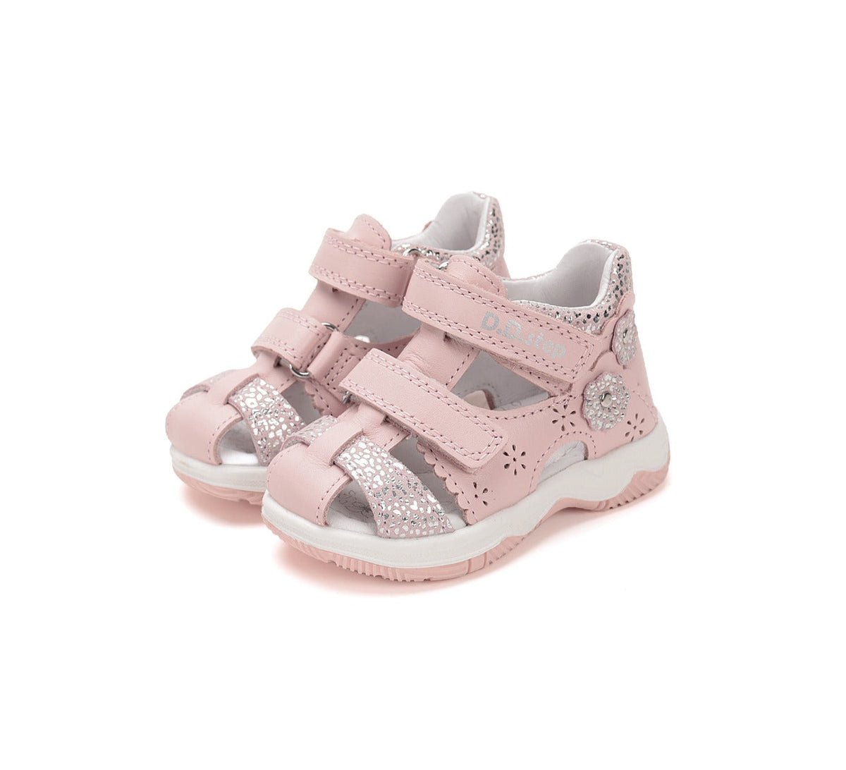 D.D.Step sandale fete 25-30 Baby Pink cu floaricele argintii