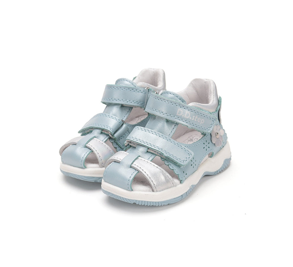 D.D.Step sandale fete 25-30 Sky Blue cu floaricele argintii Imagine principală a produsului