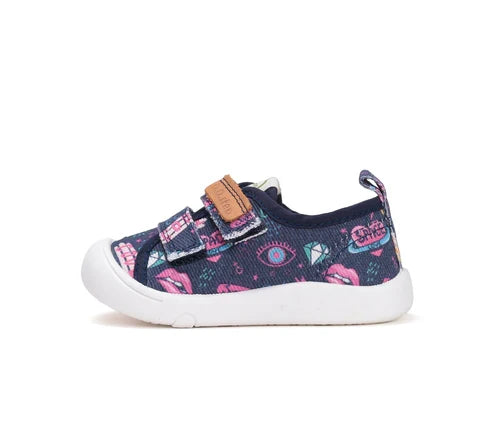 D.D.Step tenisi fete din panza 22-27 Royal Blue cu desene roz