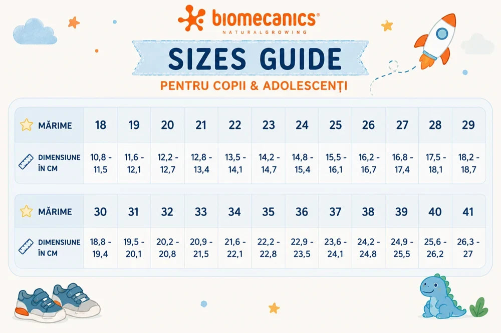 Ghid de mărimi Biomecanics pantofi fete de casa Biohome Sensory 19-26 Mat Blanco Animal