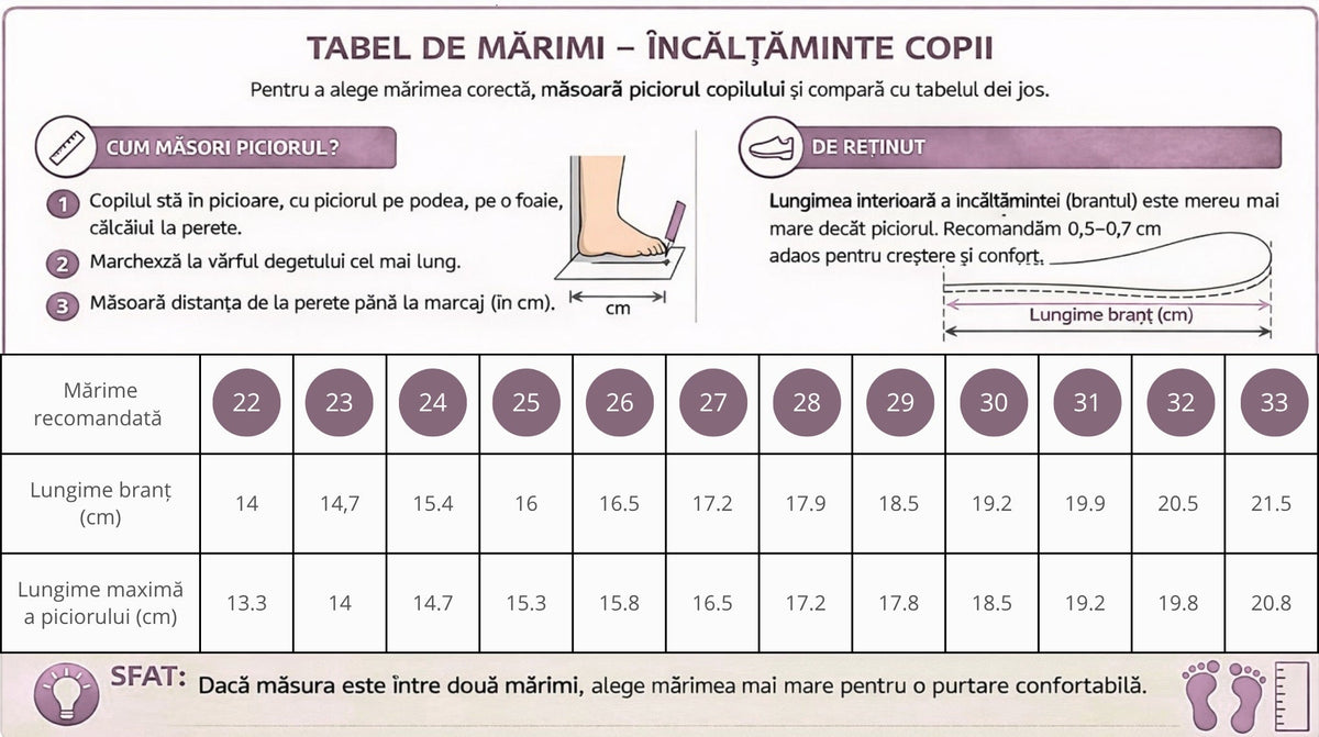 Ghid de mărimi D.D.Step tenisi fete din panza 22-33 Oceanic Unicorn