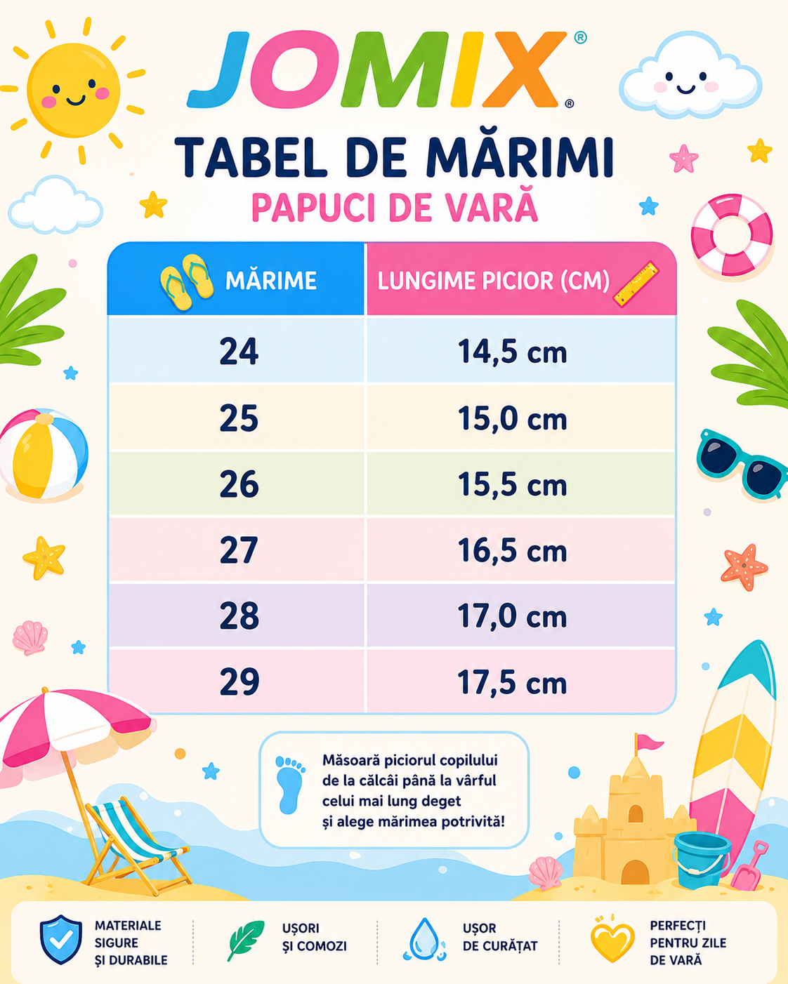 Ghid de mărimi Jomix papuci fete din cauciuc cu catarama 24-29 Pink
