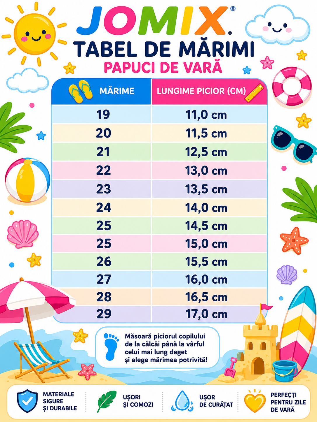 Ghid de mărimi Jomix papuci unisex din cauciuc cu catarama si bareta calcai  19-29 Beige