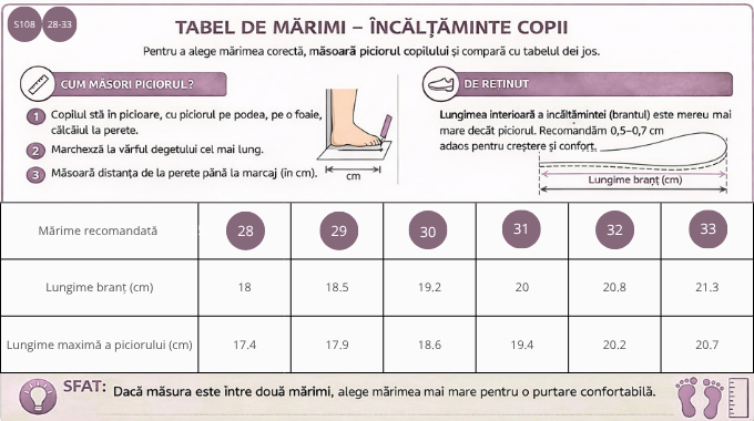 Ghid de mărimi D.D.Step pantofi fete cu talpa fluorescenta 28-33 Chocolate