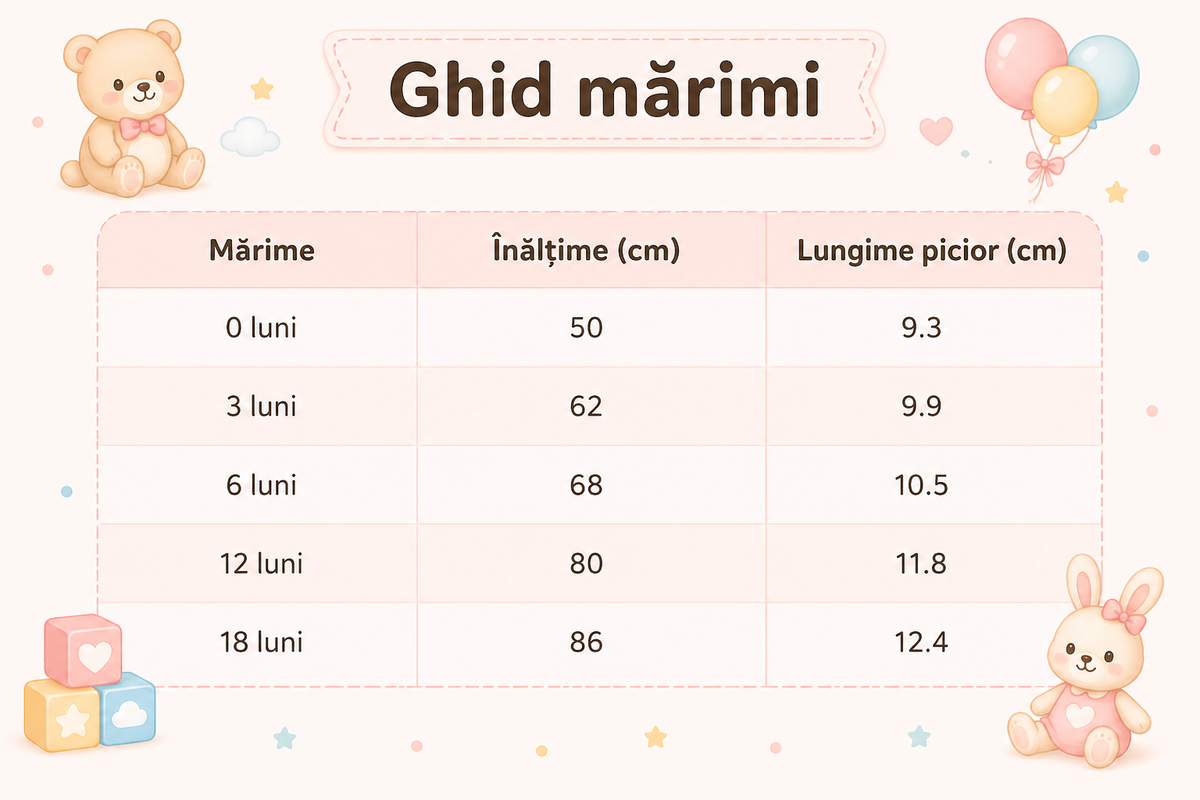 Ghid de mărimi Teddy botosei bebelusi din bumbac, Alb cu elefant albastru