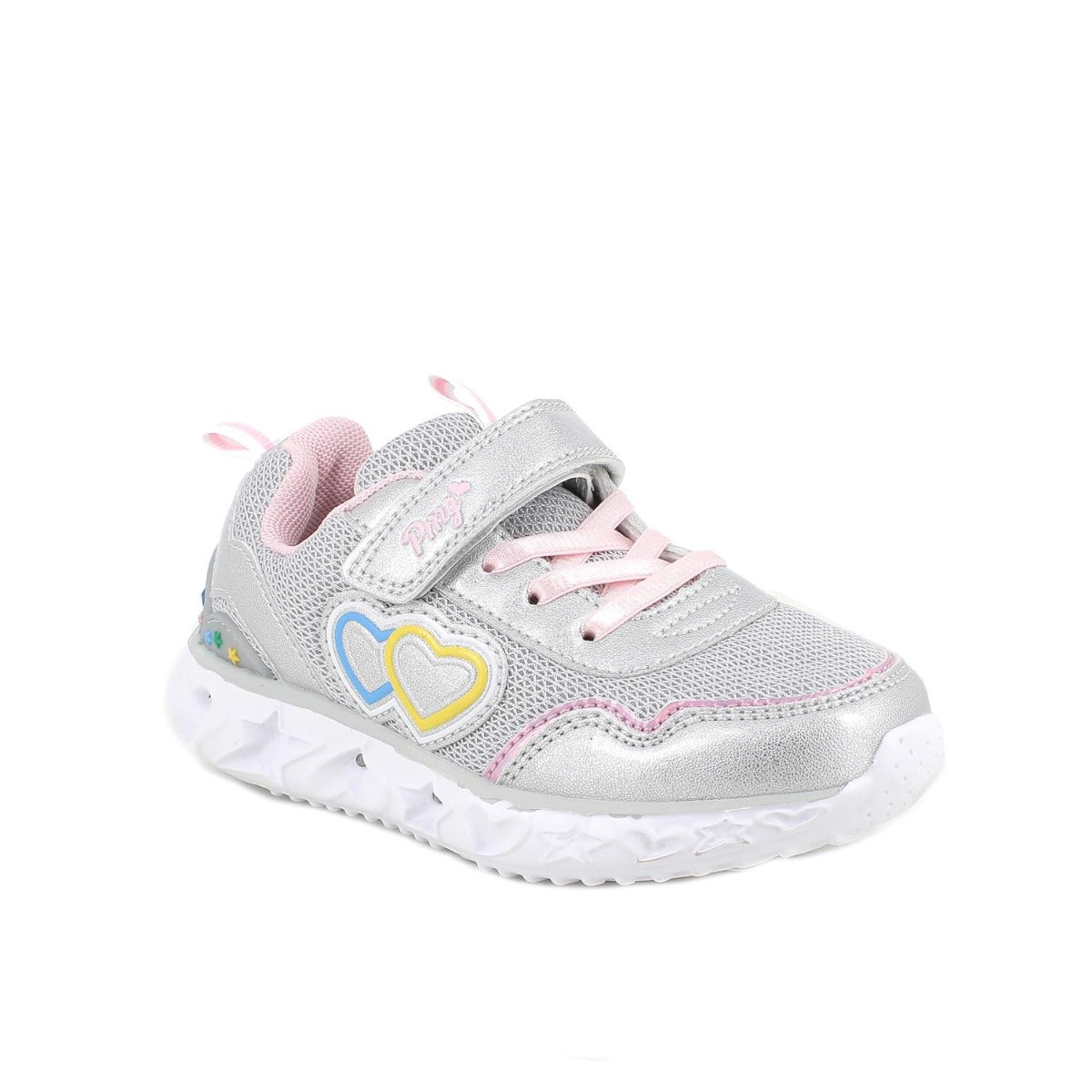 Primigi pantofi fete sport cu LED 27-32 Pearly Grey-Silver cu inimioare