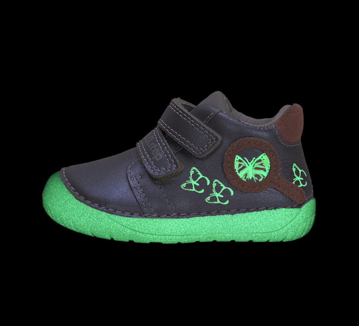 D.D.Step pantofi fete Barefoot cu talpa fluorescenta 20-25 Dark grey cu fluturi